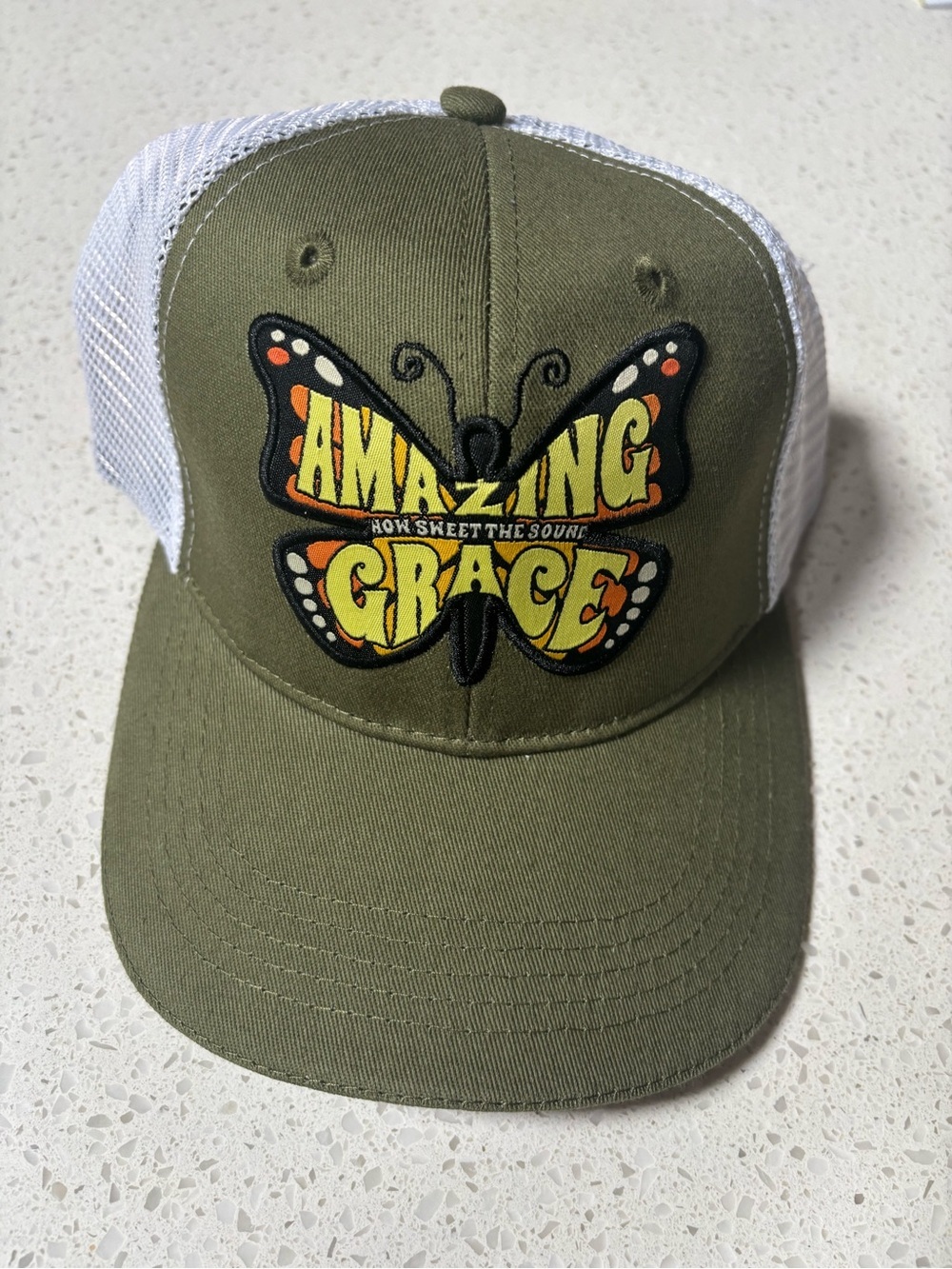 Olive wGreen Trucker Hat with 'Amazing Grace' Butterfly Patch NWT